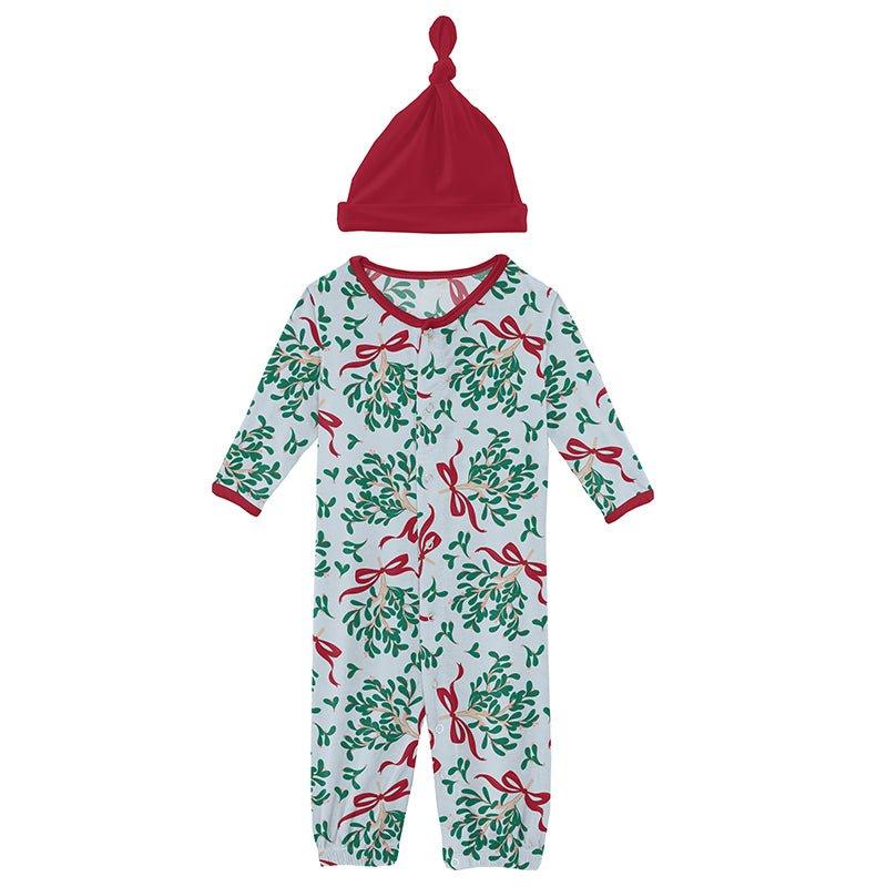 Bamboo Layette Gown Converter & Single Knot Hat Set - Illusion Blue Mistletoe & Ribbons - Image 2