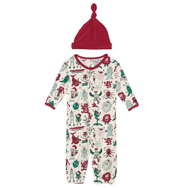 Bamboo Layette Gown Converter & Single Knot Hat Set - Merry Monsters - Image 2
