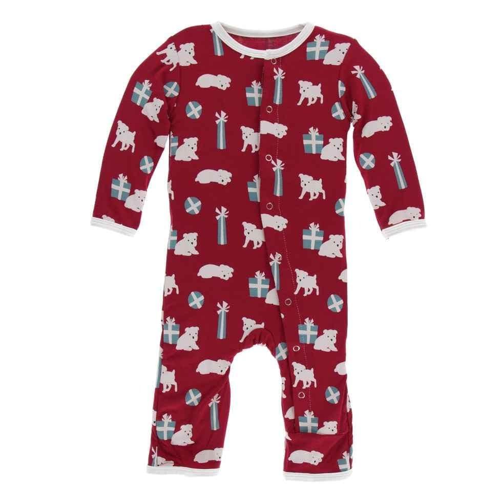 Print Bamboo Coverall with Snaps - Crimson Puppies and Presents