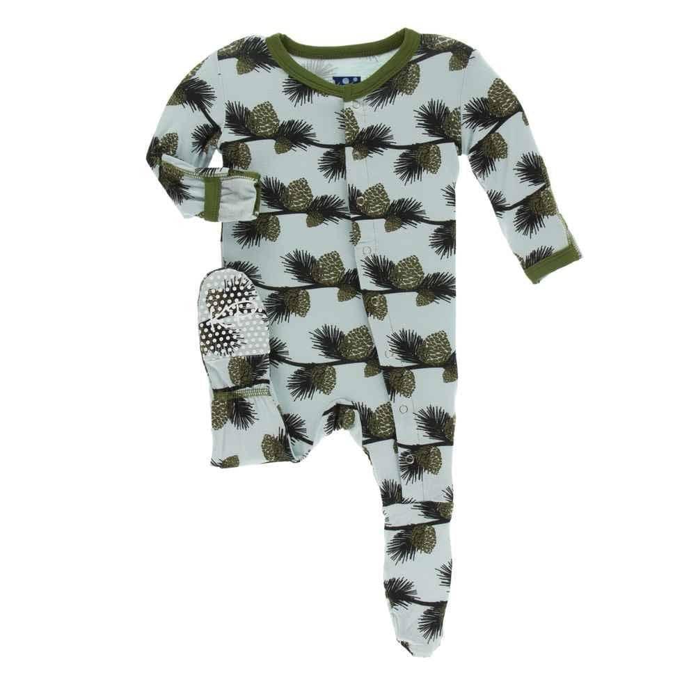 Print Bamboo Footie with Snaps - Spring Sky Pine Cones