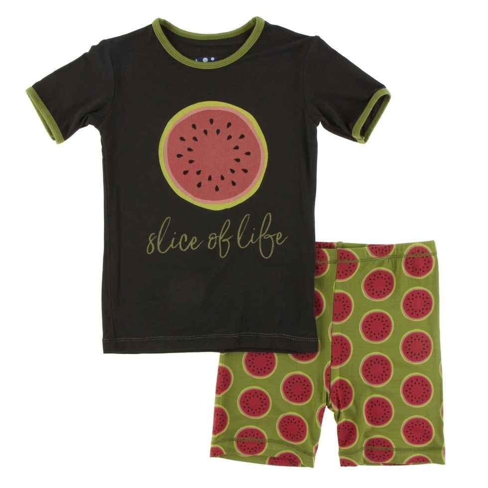 Print Bamboo Short Sleeve Pajama Set with Shorts - Grasshopper Watermelon