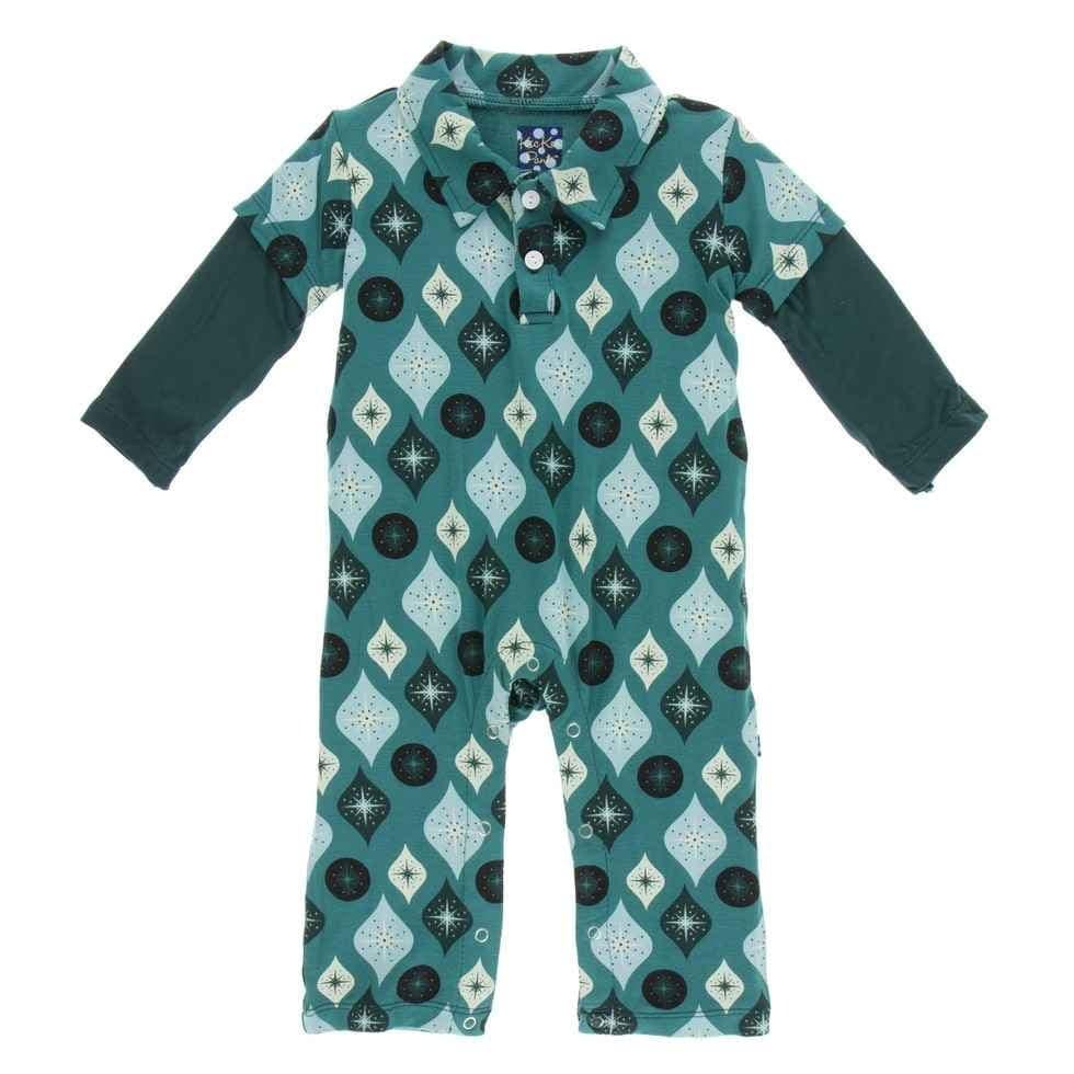 Holiday Bamboo Long Sleeve Double Layer Polo Romper - Cedar Vintage Ornaments - Image 2