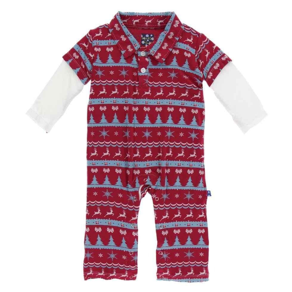 Holiday Bamboo Long Sleeve Double Layer Polo Romper - Nordic Print - Image 2