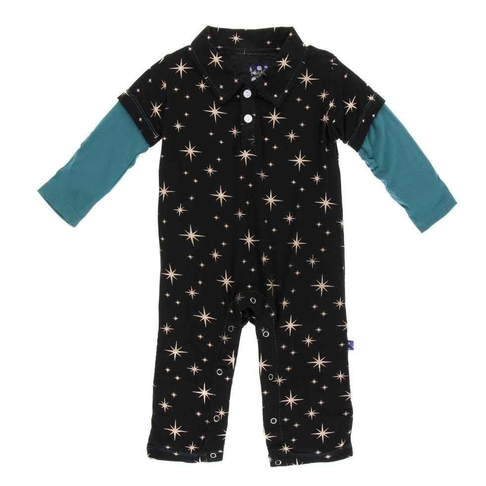 Holiday Bamboo Long Sleeve Double Layer Polo Romper - Rose Gold Bright Stars - Image 2