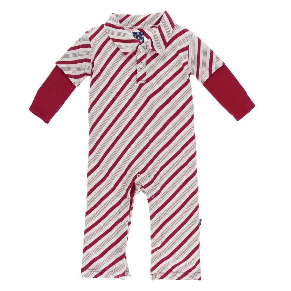 Holiday Bamboo Long Sleeve Double Layer Polo Romper - Rose Gold Candy Cane Stripe - Image 2