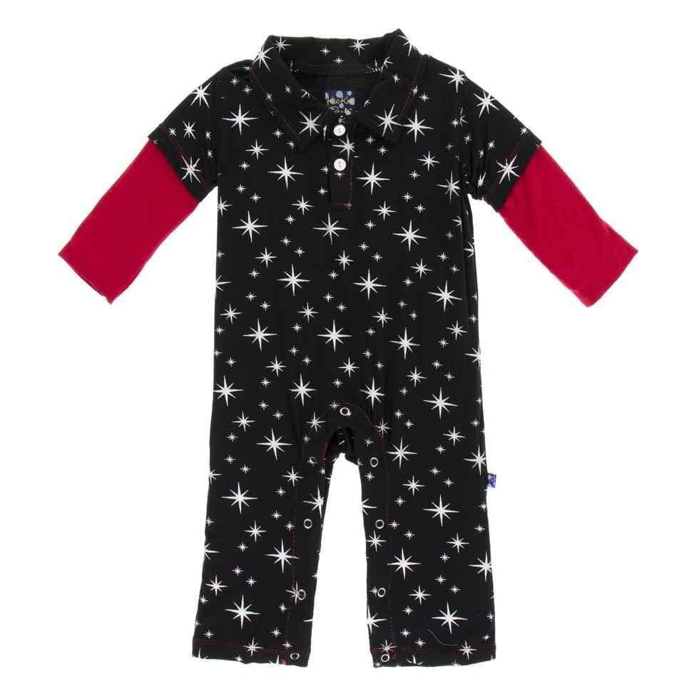 Holiday Bamboo Long Sleeve Double Layer Polo Romper - Silver Bright Stars - Image 2