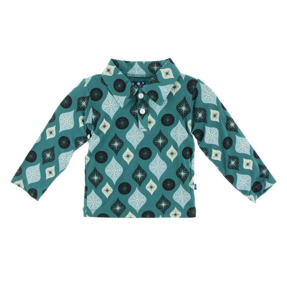 Holiday Bamboo Long Sleeve Polo Shirt, Cedar Vintage Ornaments - Image 2