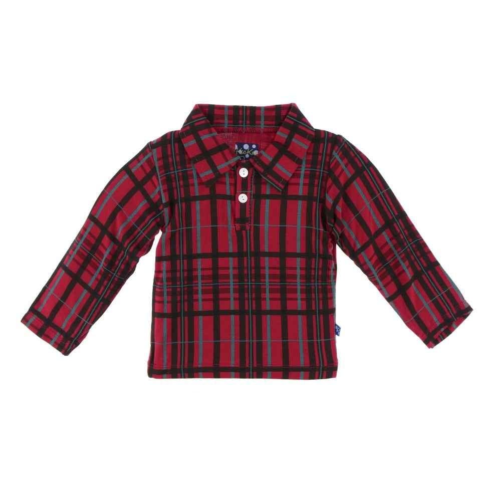 Holiday Bamboo Long Sleeve Polo Shirt, Christmas Plaid - Image 2
