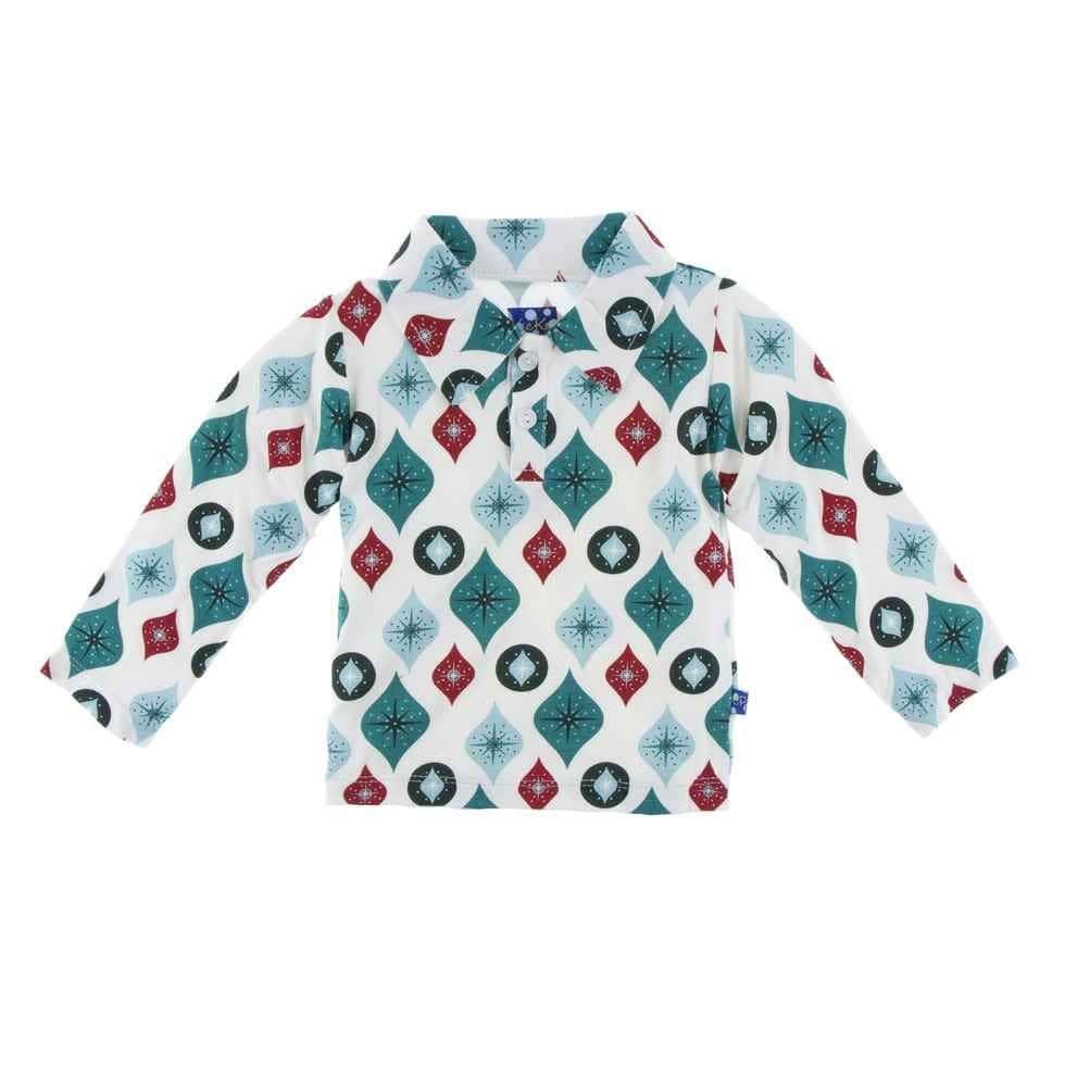 Holiday Bamboo Long Sleeve Polo Shirt, Natural Vintage Ornaments - Image 2