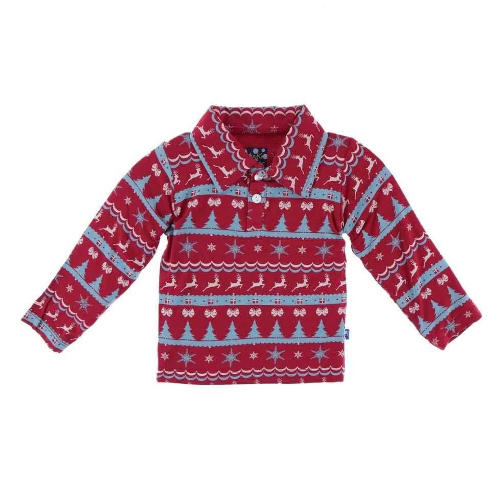 Holiday Bamboo Long Sleeve Polo Shirt, Nordic Print - Image 2