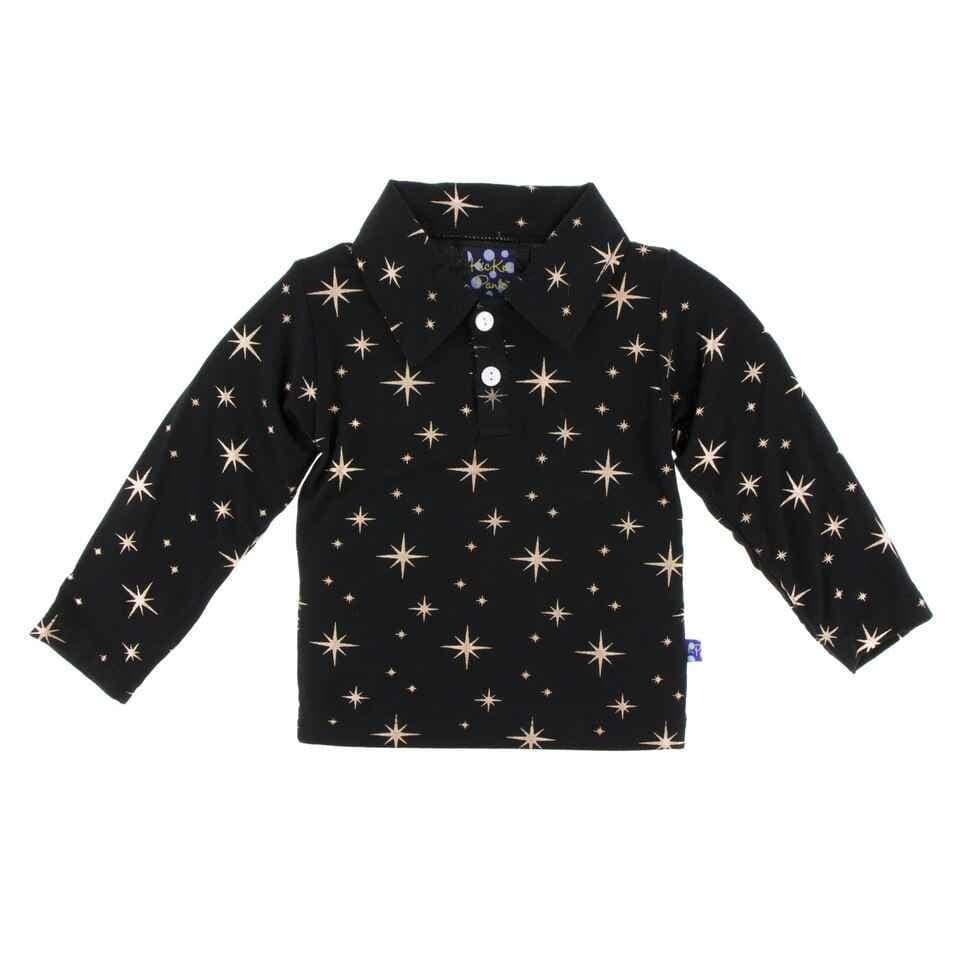 Holiday Bamboo Long Sleeve Polo Shirt, Rose Gold Bright Stars - Image 2