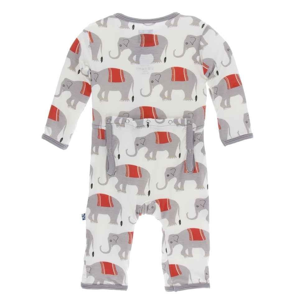 Print Bamboo Coverall with Snaps - Natural Indian Elephant - Image 2