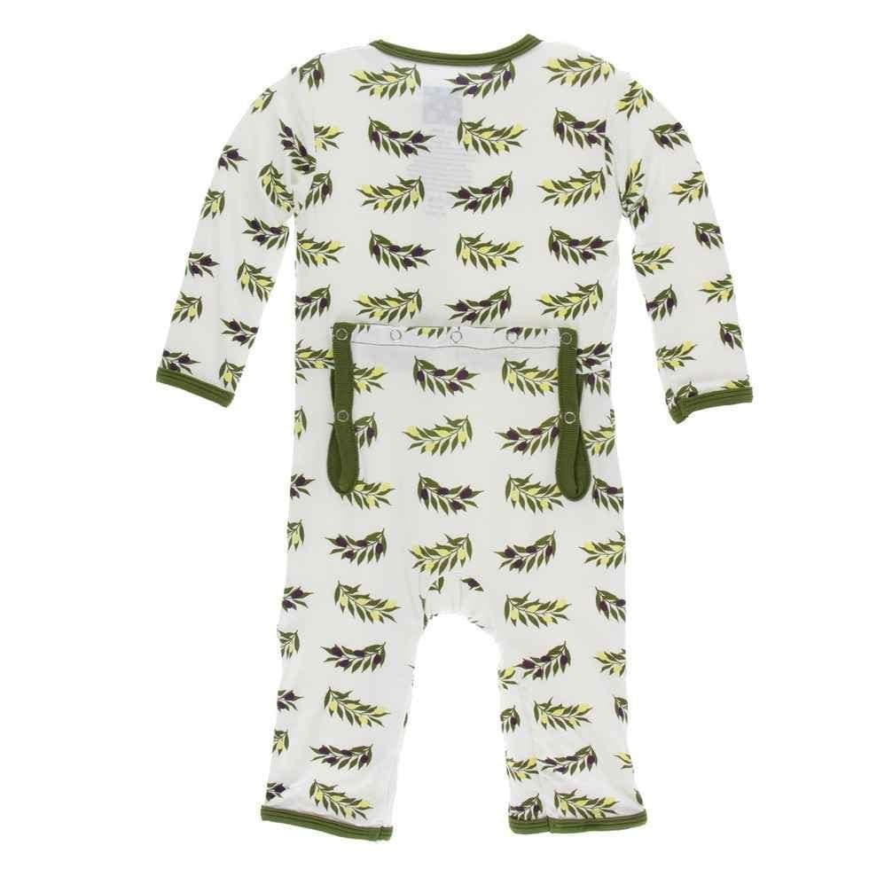 Print Bamboo Coverall with Snaps - Natural Olive Branch - Image 2