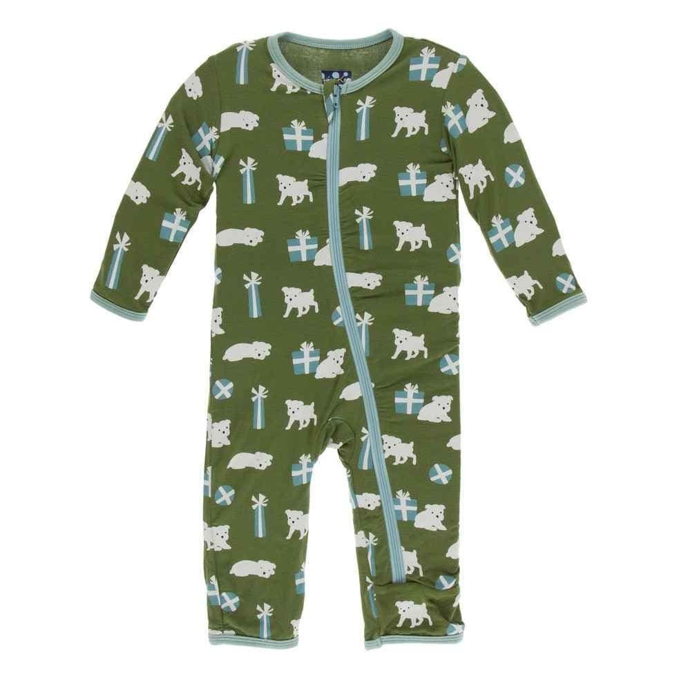 Print Bamboo Coverall with Zipper - Moss Puppies and Presents