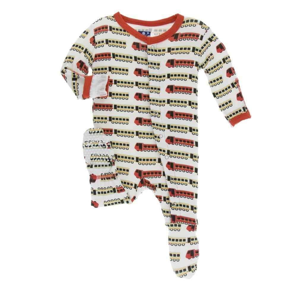 Print Bamboo Footie with Snaps - Natural Indian Train