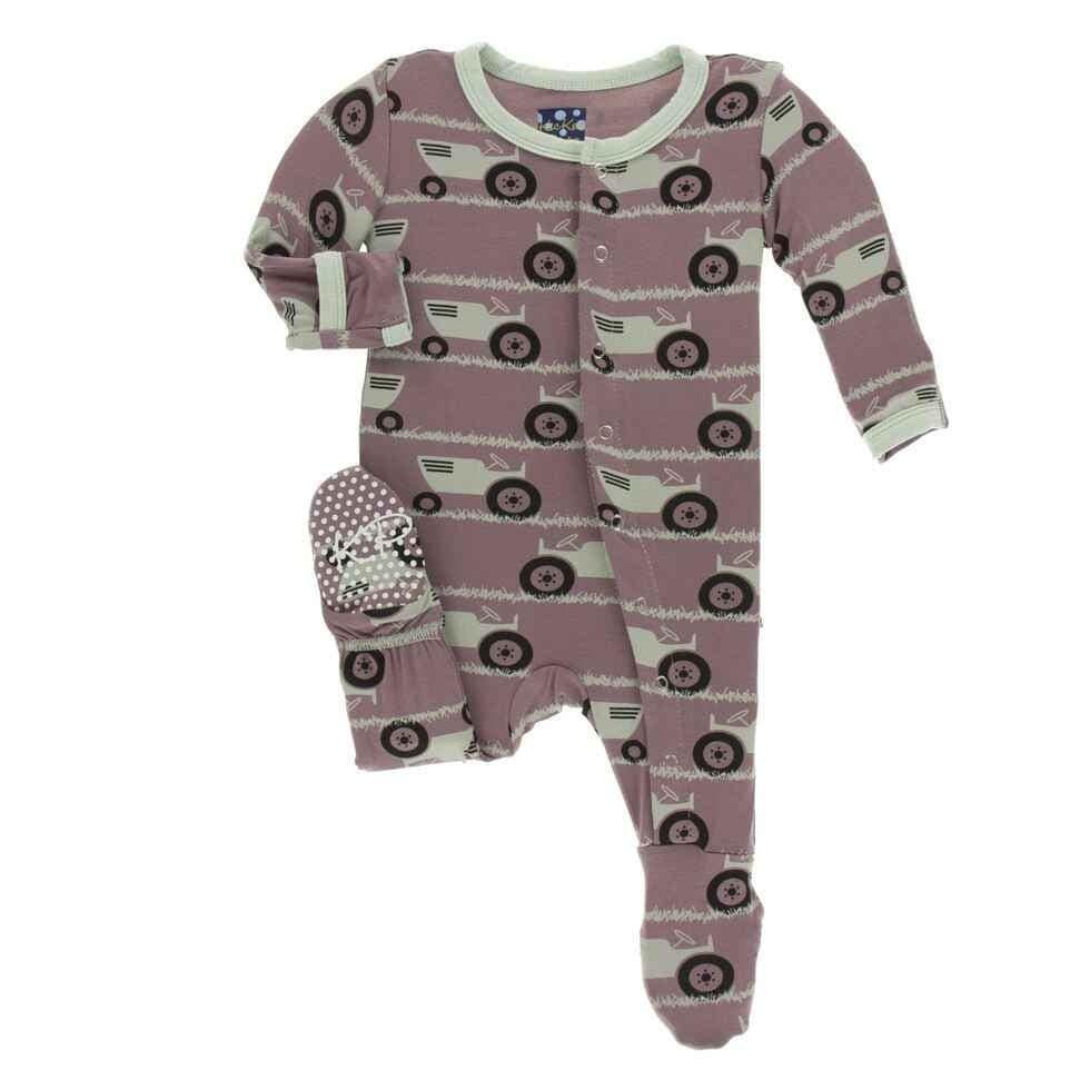 Print Bamboo Footie with Snaps - Raisin Tractor and Grass