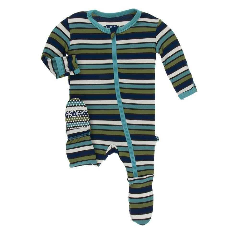 Print Bamboo Footie with Zipper - Botany Grasshopper Stripe