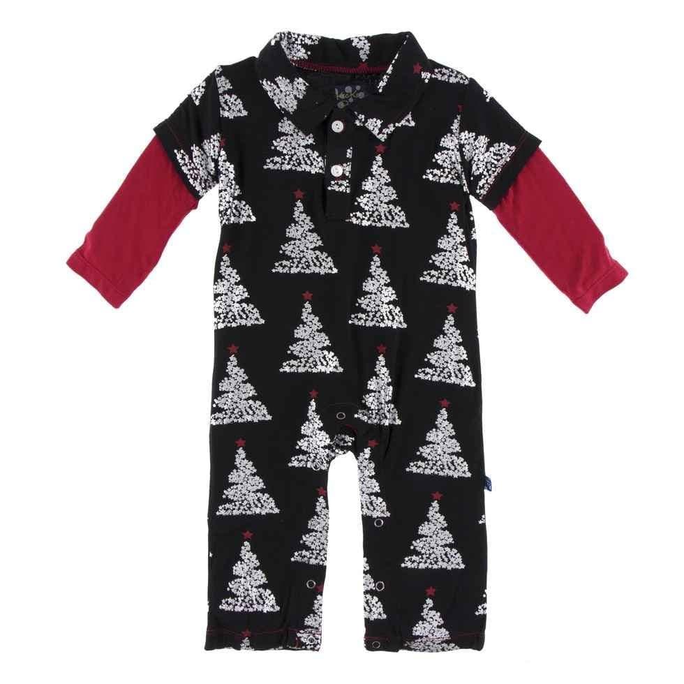 Print Bamboo Long Sleeve Double Layer Polo Romper - Midnight Foil Tree