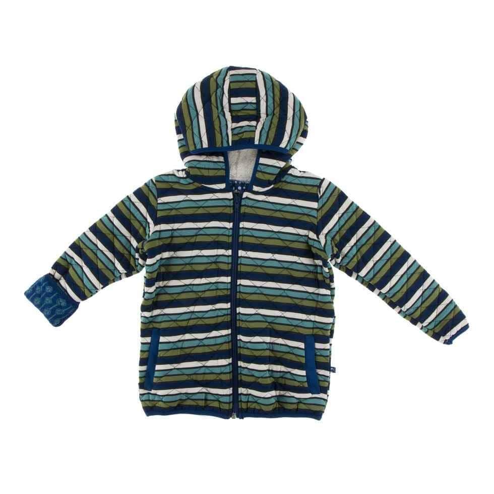 Print Bamboo Quilted Jacket with Sherpa-Lined Hood - Botany Grasshopper Stripe/Navy Leaf Lattice