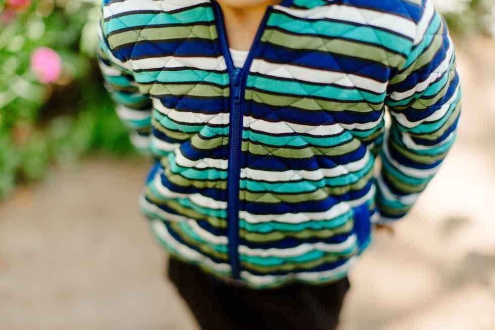 Print Bamboo Quilted Jacket with Sherpa-Lined Hood - Botany Grasshopper Stripe/Navy Leaf Lattice - Image 2