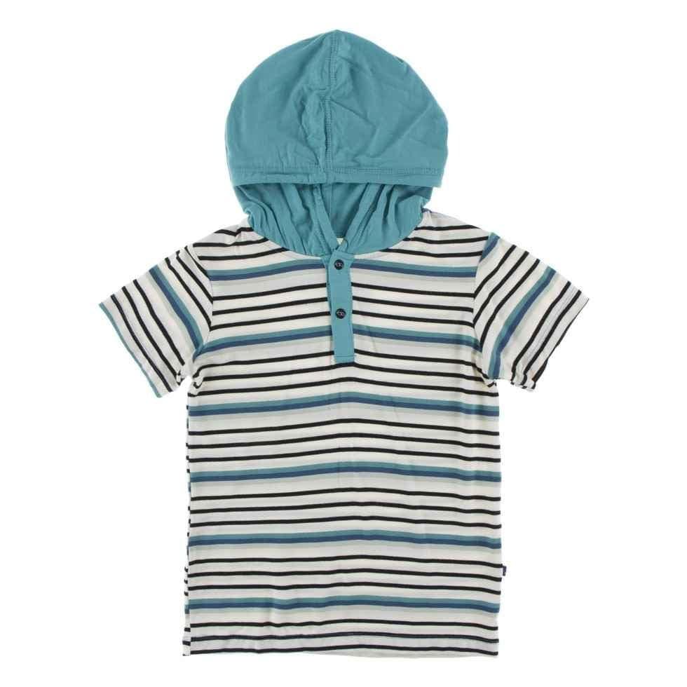 Print Bamboo Short Sleeve Hoodie Tee - Neptune Stripe