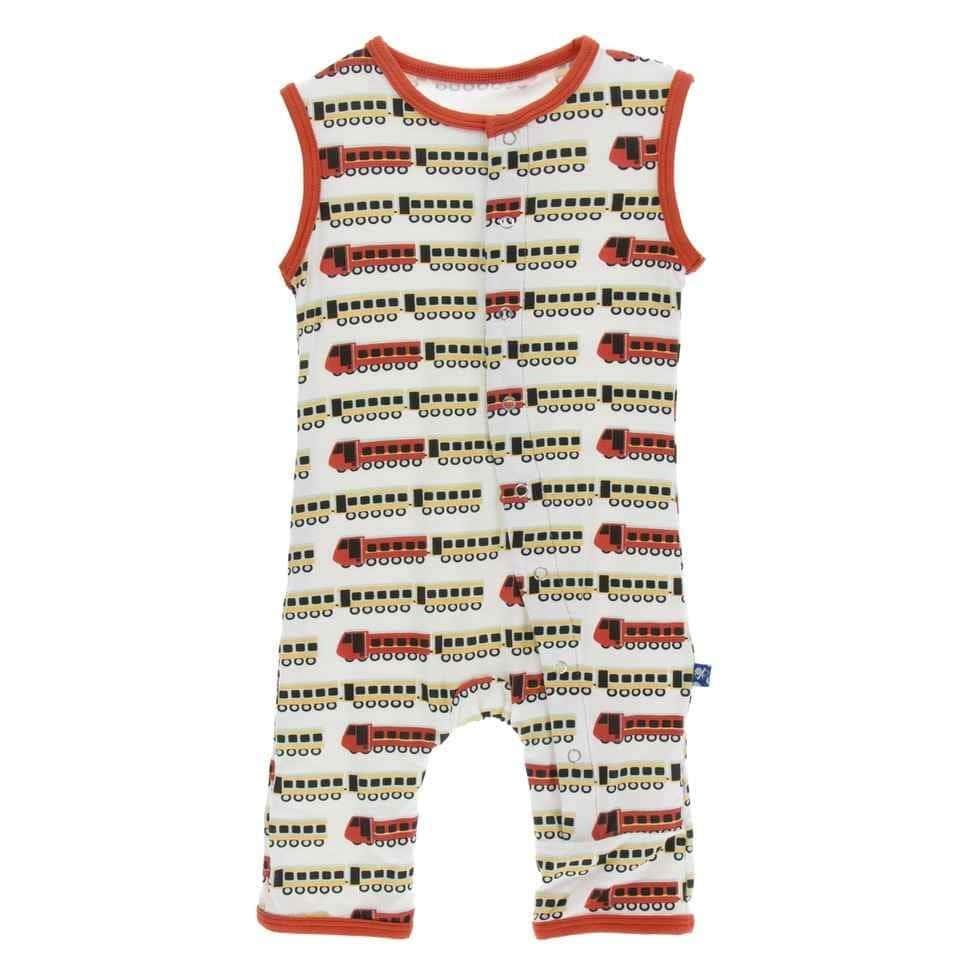 Print Bamboo Tank Romper- Natural Indian Train
