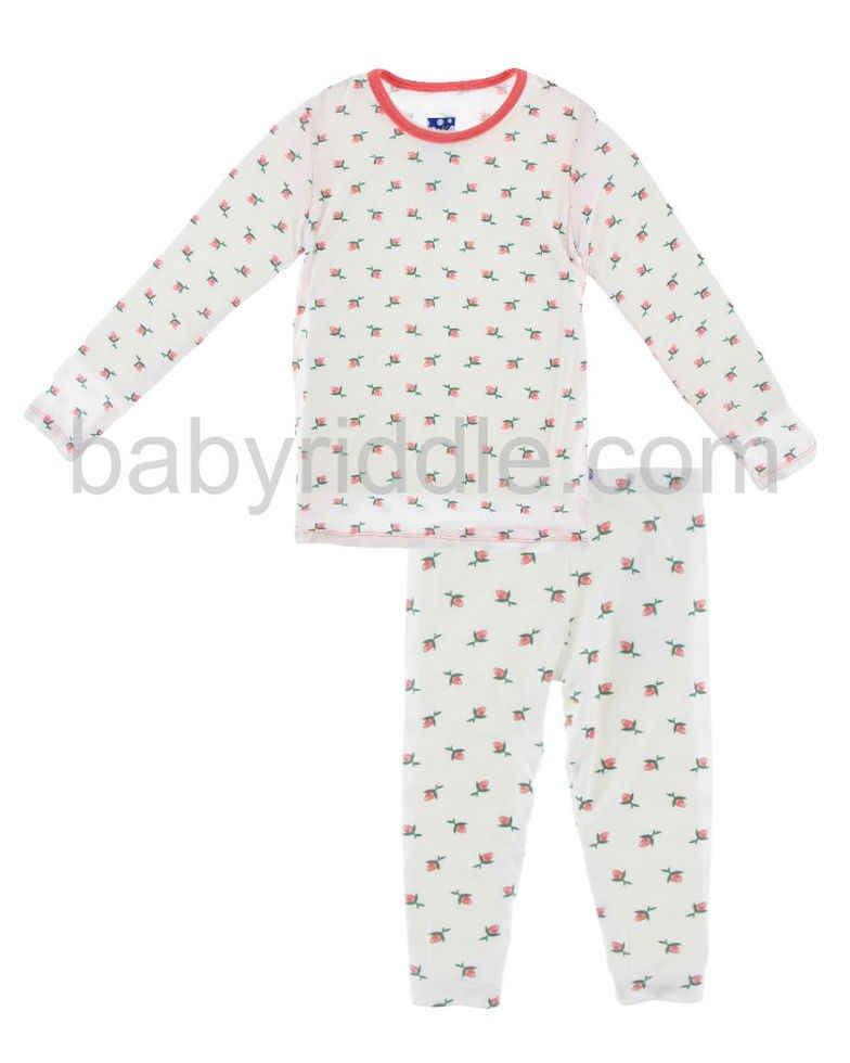 Custom Print Bamboo Long Sleeve Pajama Set, Natural Rose Bud - Image 3