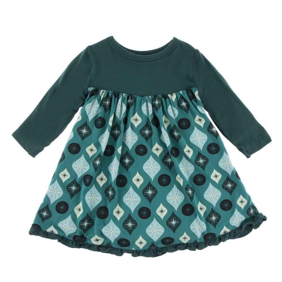 Holiday Bamboo Classic Long Sleeve Swing Dress, Cedar Vintage Ornaments
