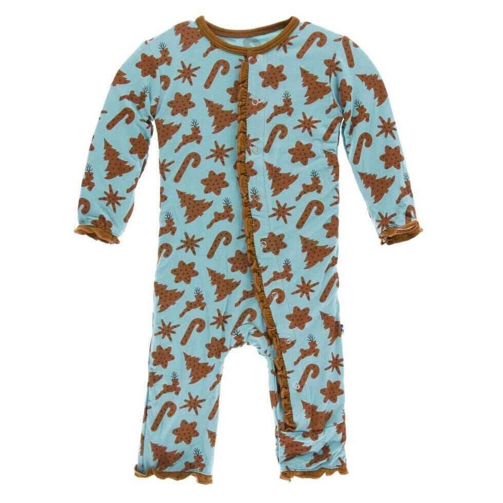 Holiday Print Bamboo Muffin Ruffle Coverall with Snaps - Christmas Cookies