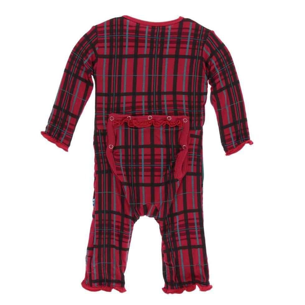 Holiday Print Bamboo Muffin Ruffle Coverall with Snaps - Christmas Plaid - Image 2