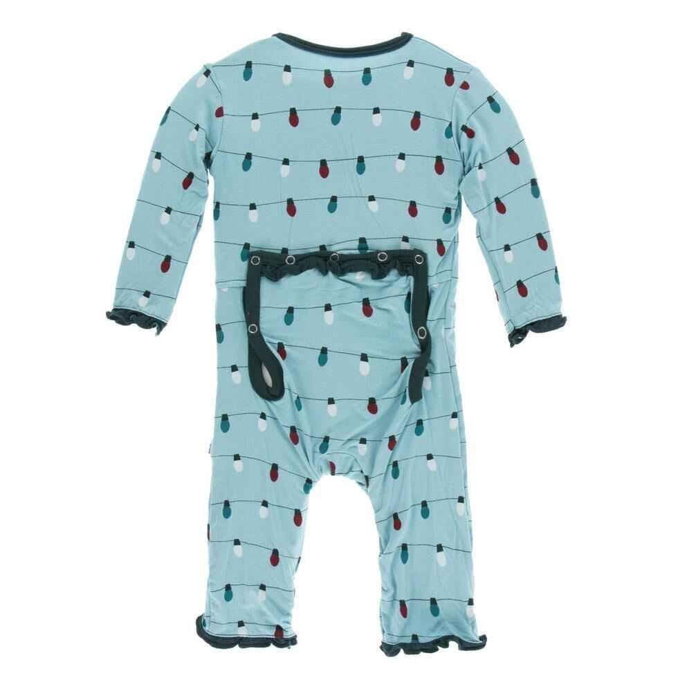 Holiday Print Bamboo Muffin Ruffle Coverall with Snaps - Glacier Holiday Lights - Image 2