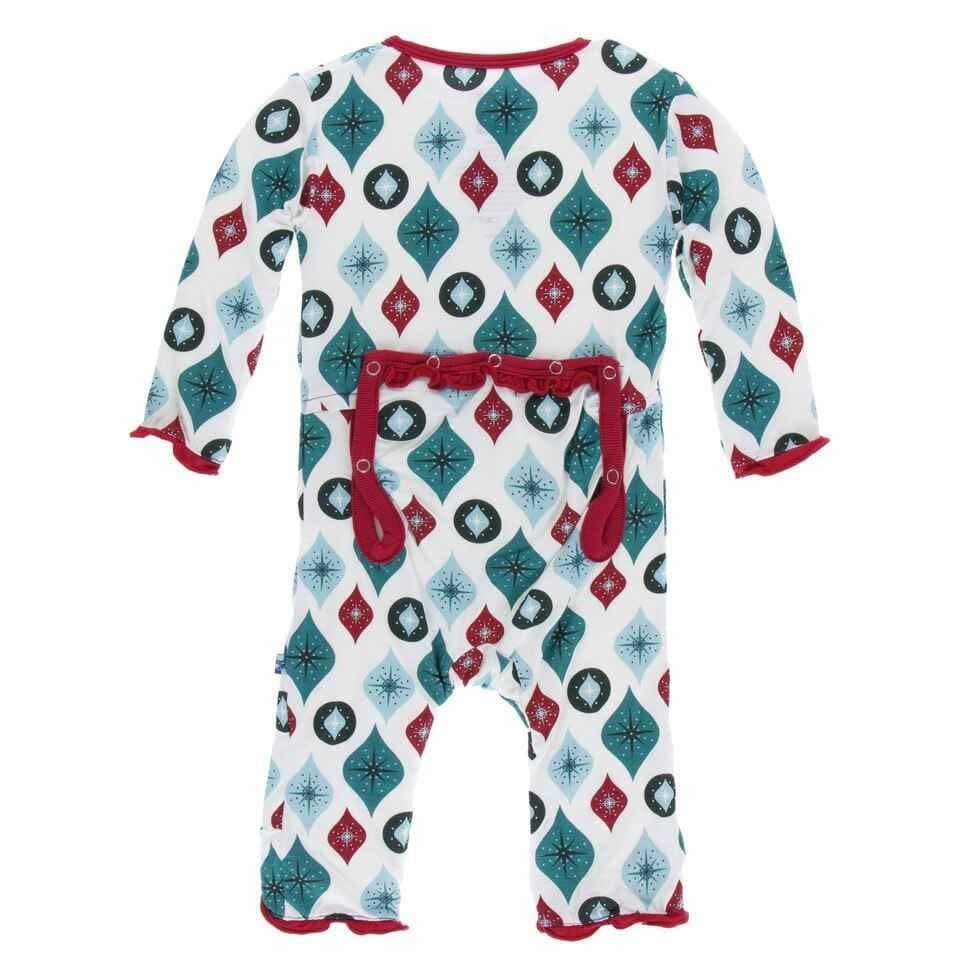 Holiday Print Bamboo Muffin Ruffle Coverall with Snaps - Natural Vintage Ornaments - Image 2