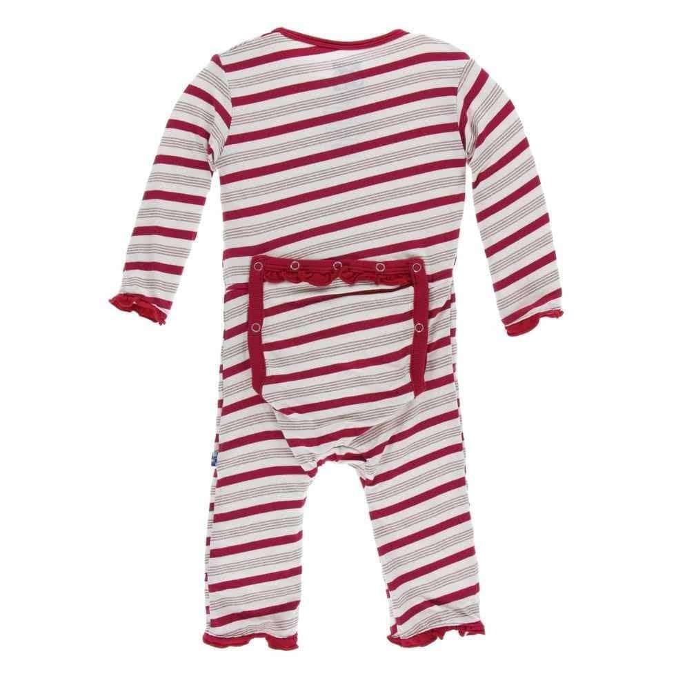 Holiday Print Bamboo Muffin Ruffle Coverall with Snaps - Rose Gold Candy Cane Stripe - Image 2