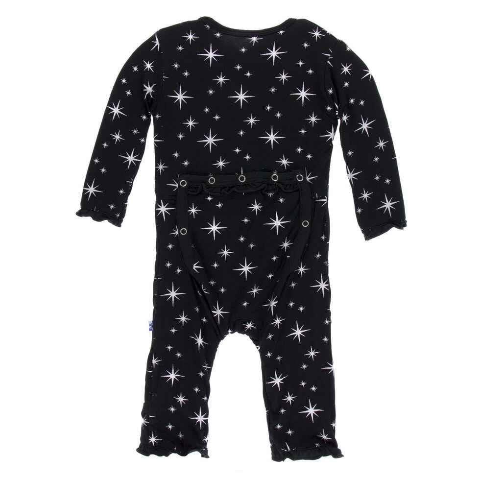 Holiday Print Bamboo Muffin Ruffle Coverall with Snaps - Silver Bright Stars - Image 2