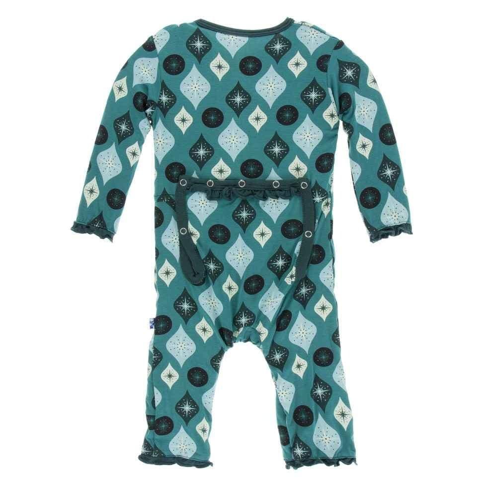 Holiday Print Bamboo Muffin Ruffle Coverall with Zipper - Cedar Vintage Ornaments