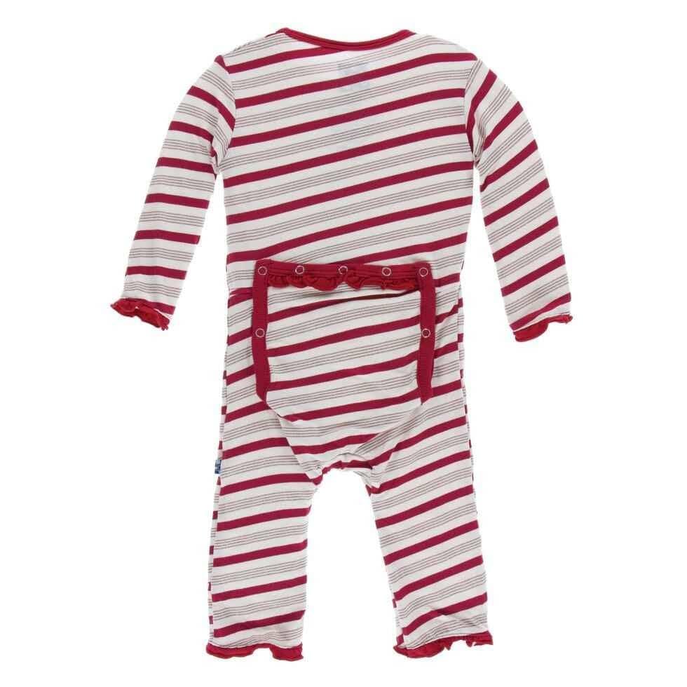 Holiday Print Bamboo Muffin Ruffle Coverall with Zipper - Rose Gold Candy Cane Stripe