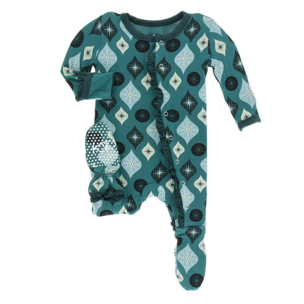 Holiday Print Bamboo Muffin Ruffle Footie with Snaps - Cedar Vintage Ornaments