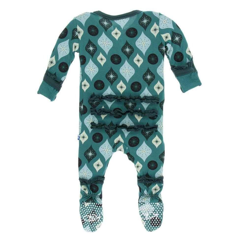 Holiday Print Bamboo Muffin Ruffle Footie with Snaps - Cedar Vintage Ornaments - Image 2