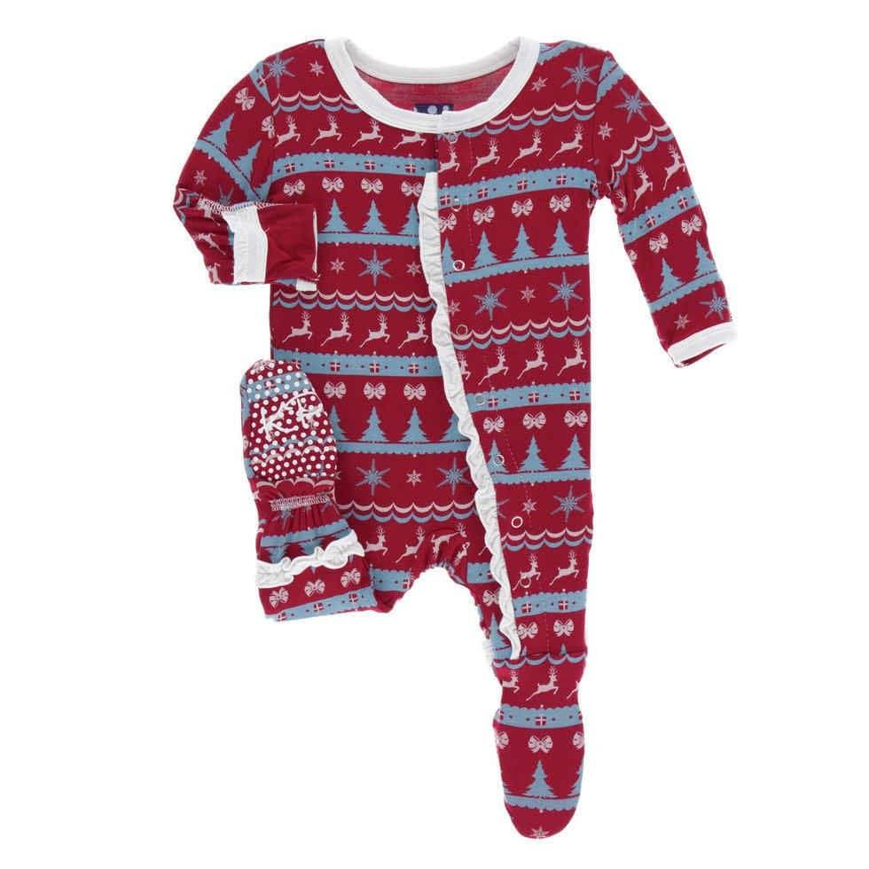 Holiday Print Bamboo Muffin Ruffle Footie with Snaps - Nordic Print