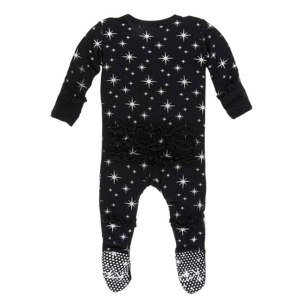 Holiday Print Bamboo Muffin Ruffle Footie with Snaps - Silver Bright Stars - Image 2