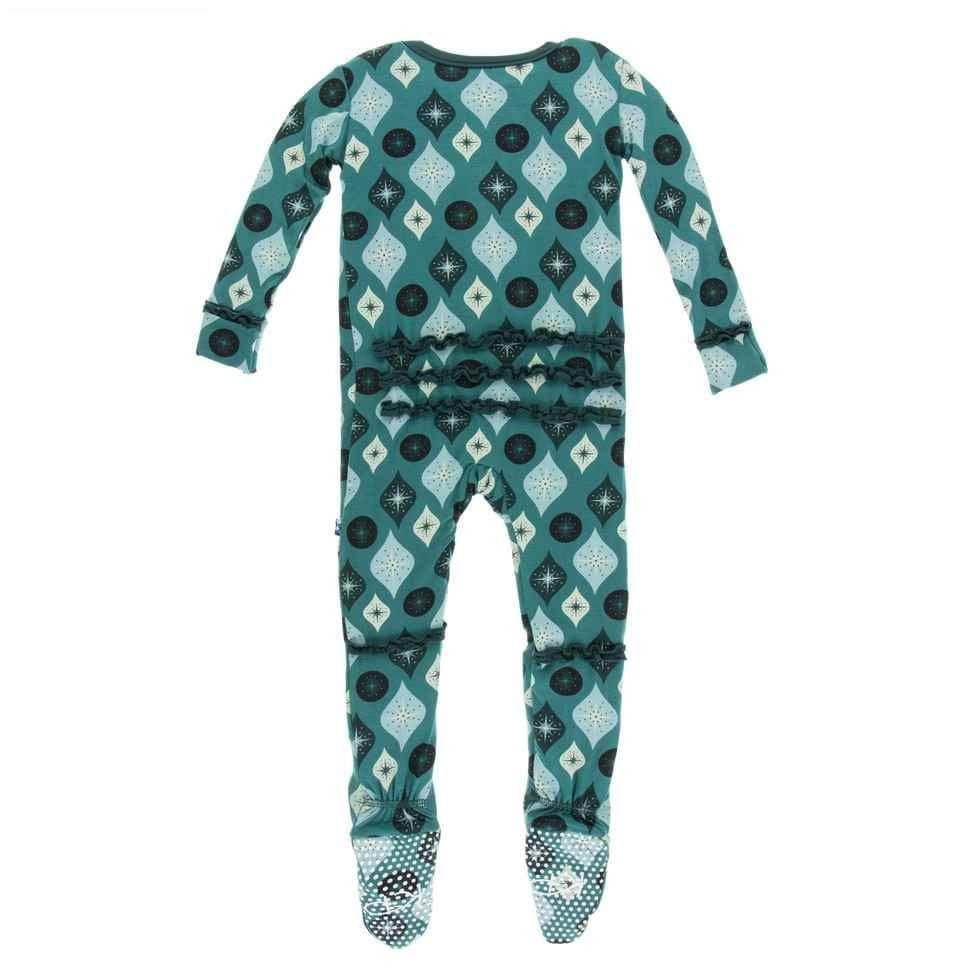Holiday Print Bamboo Muffin Ruffle Footie with Zipper - Cedar Vintage Ornaments - Image 2