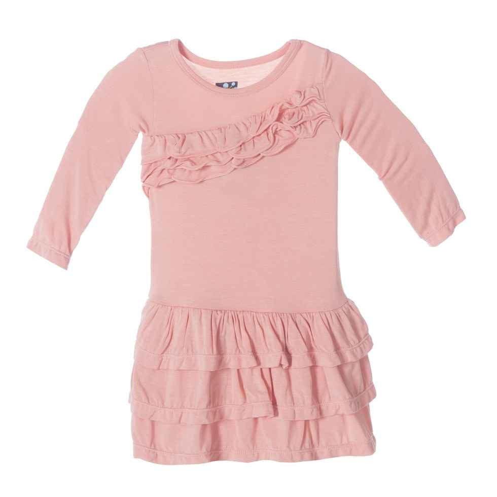 Solid Bamboo Long Sleeve Diagonal Ruffle Banner Dress, Blush