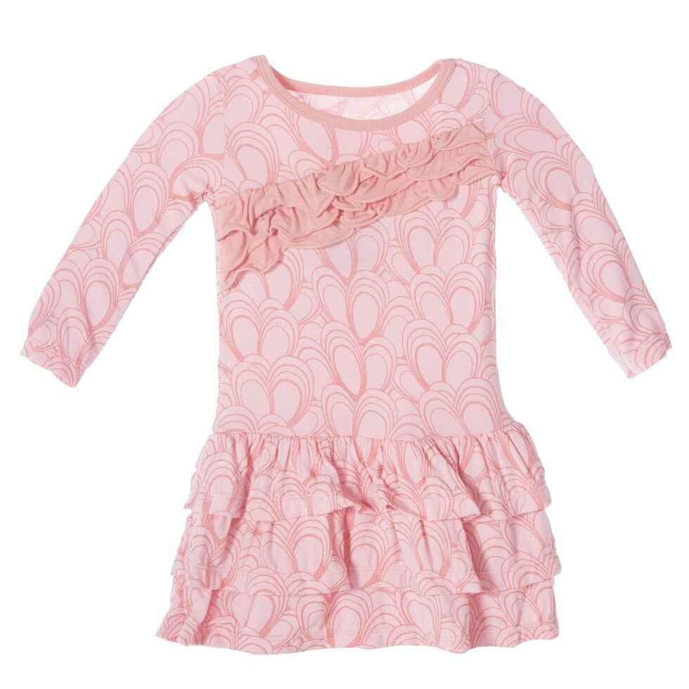 Bamboo Long Sleeve Diagonal Ruffle Banner Dress, Lotus Mussels