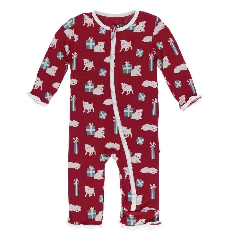 Print Bamboo Classic Ruffle Coverall with Zipper - Crimson Puppies and Presents
