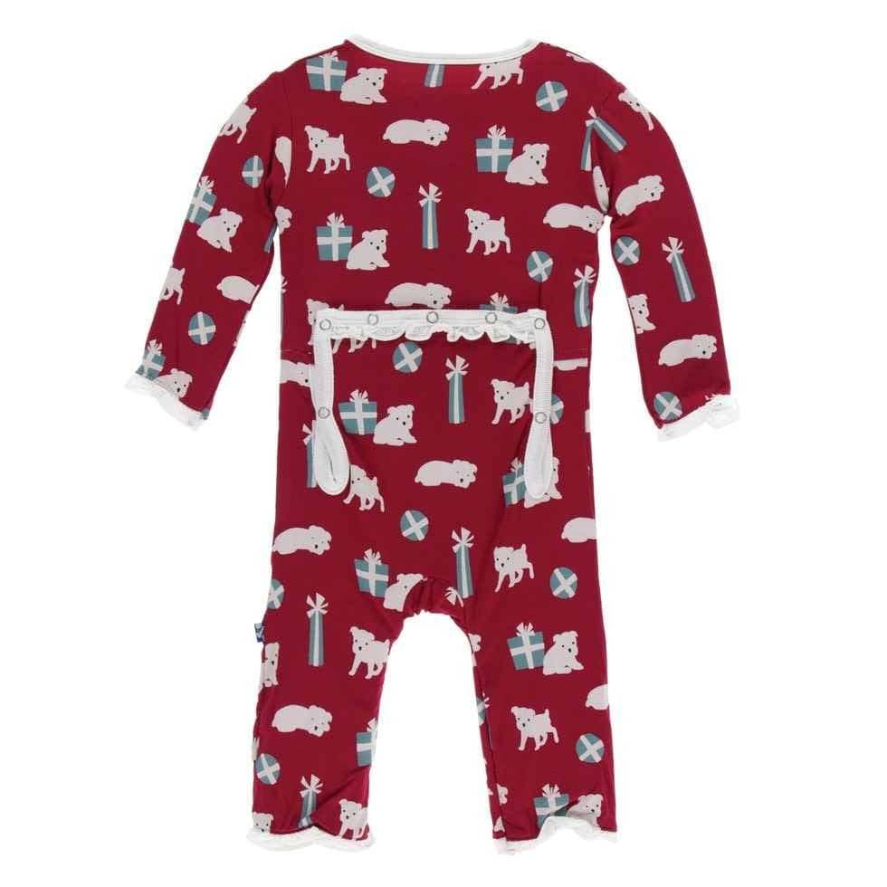 Print Bamboo Classic Ruffle Coverall with Zipper - Crimson Puppies and Presents - Image 2
