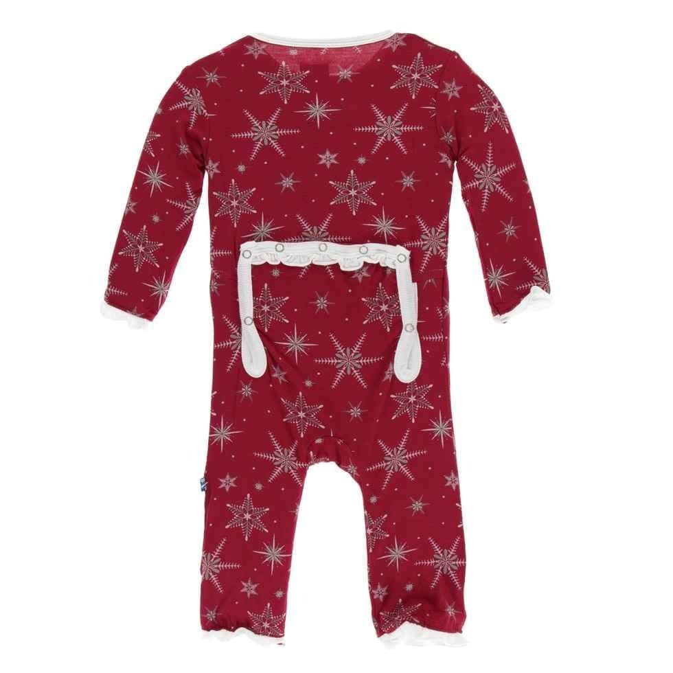 Print Bamboo Classic Ruffle Coverall with Zipper - Crimson Snowflakes - Image 2