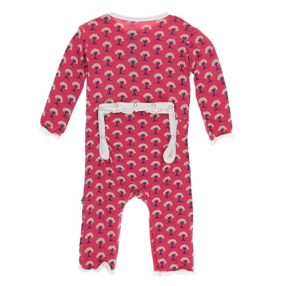Print Bamboo Classic Ruffle Coverall with Zipper - Red Ginger Mini Trees - Image 2