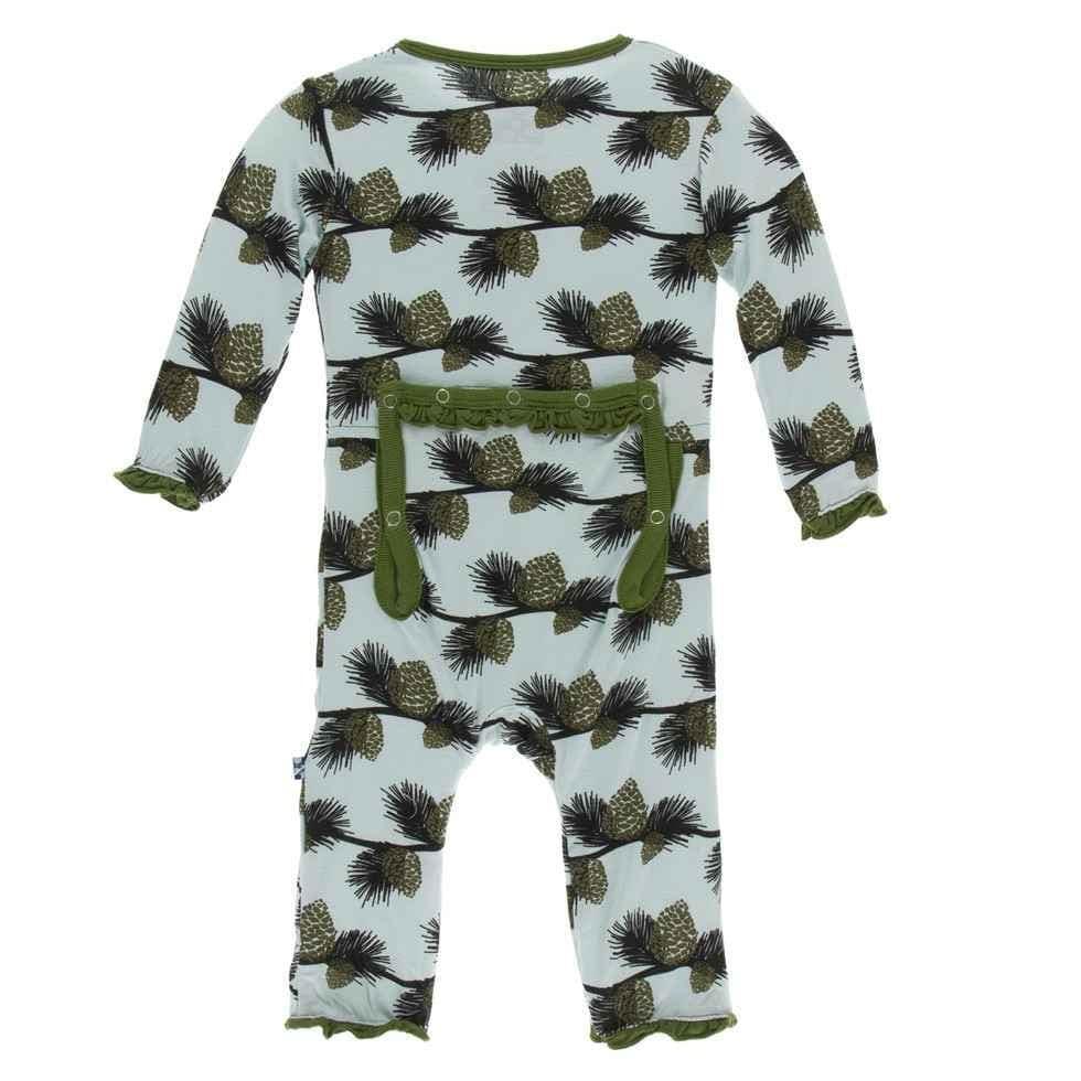 Print Bamboo Classic Ruffle Coverall with Zipper - Spring Sky Pine Cones - Image 2