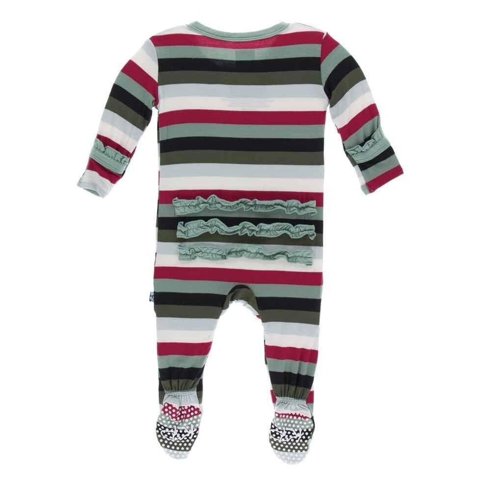 Print Bamboo Classic Ruffle Footie with Snaps - Christmas Multi Stripe - Image 2