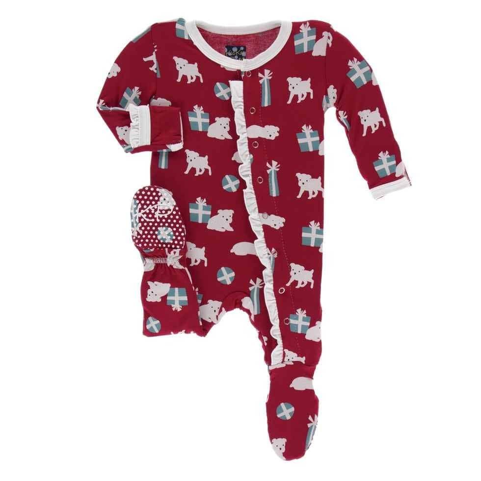 Print Bamboo Classic Ruffle Footie with Snaps - Crimson Puppies and Presents